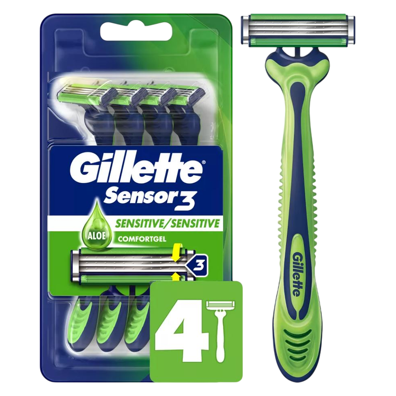 Gillette Sensor3 Sensitive Men's Disposable Razor, 4 Razors