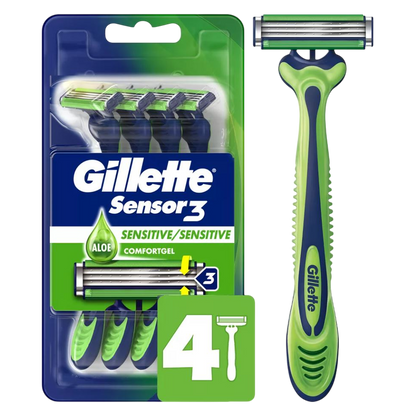 Gillette Sensor3 Sensitive Men's Disposable Razor, 4 Razors