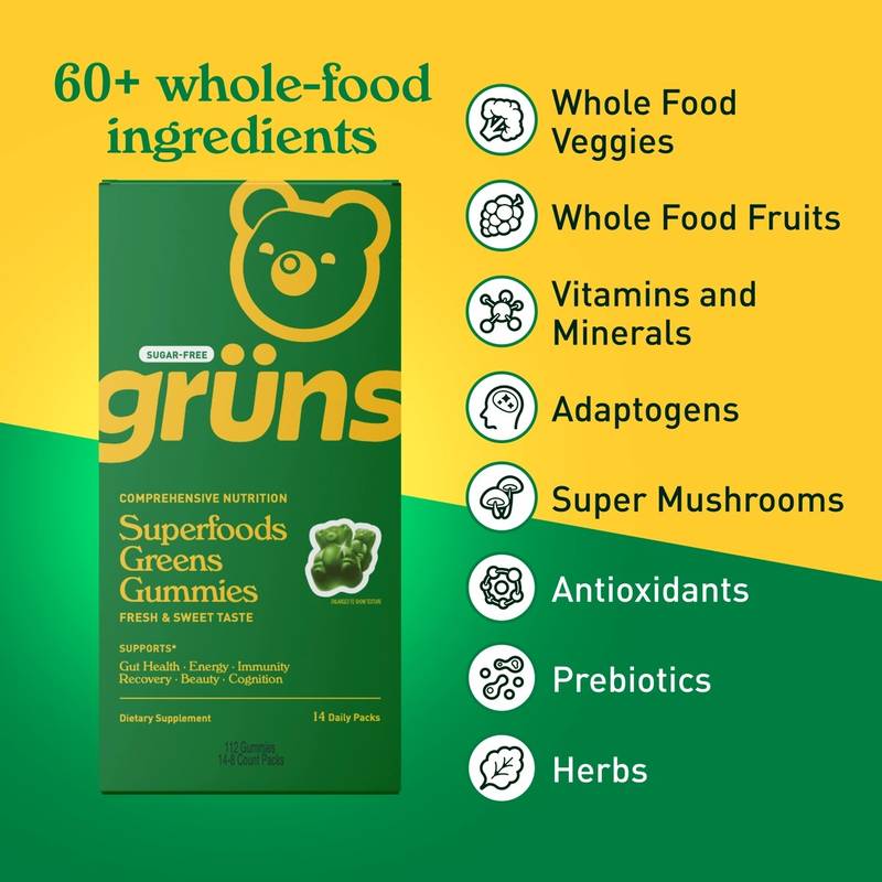 Gruns Adult Sugar Free Superfood Greens Gummies, 14 Servings