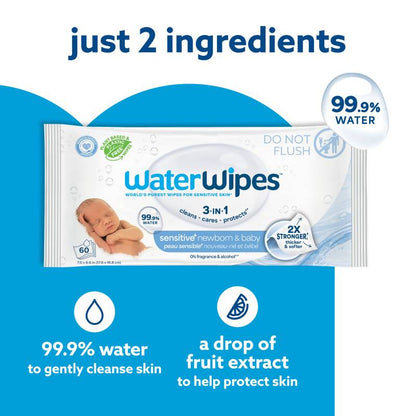 WaterWipes Sensitive+ Newborn & Baby Wipes, 3-In-1 Cleans, Cares, Protects, 99.9% Water, Unscented & Hypoallergenic, 60 Count (1 Pack)