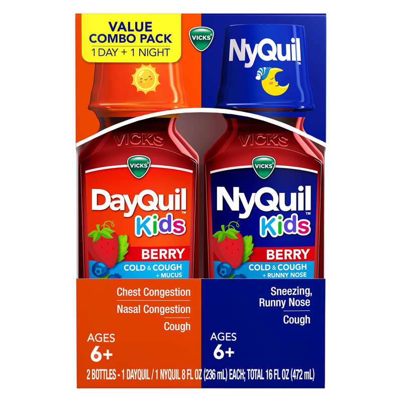 Vicks DayQuil and NyQuil Kids Berry Cold & Cough Multi-Symptom Relief, For Ages 6+, 2x 8 fl oz Combo Pack