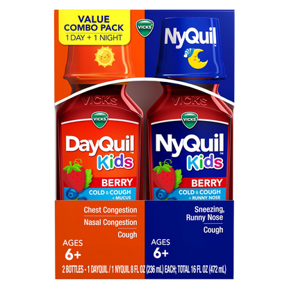 Vicks DayQuil and NyQuil Kids Berry Cold & Cough Multi-Symptom Relief, For Ages 6+, 2x 8 fl oz Combo Pack