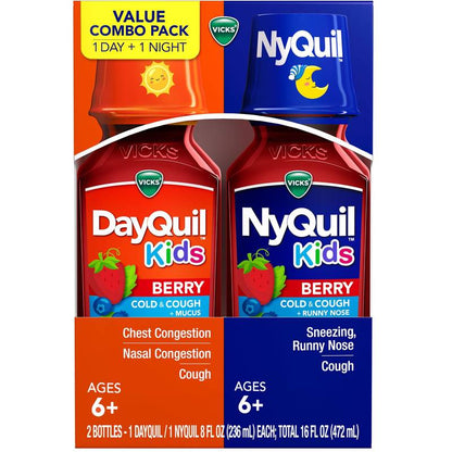 Vicks DayQuil and NyQuil Kids Berry Cold & Cough Multi-Symptom Relief, For Ages 6+, 2x 8 fl oz Combo Pack