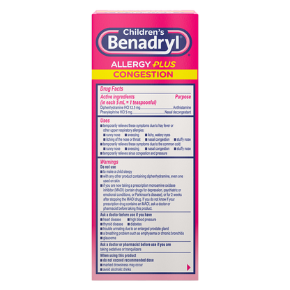 Children's Benadryl Allergy Plus Congestion Grape Flavor Liquid 4 oz