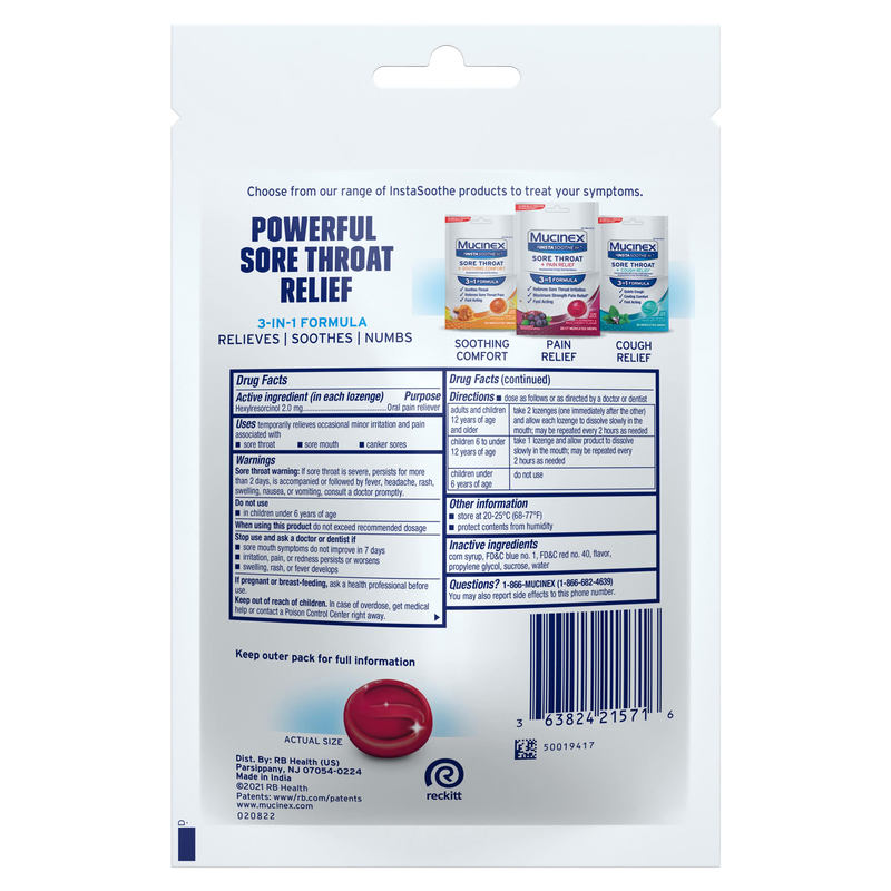 Mucinex InstaSoothe Sore Throat Drops + Pain Relief - Elderberry & Wild Cherry 20 ct.
