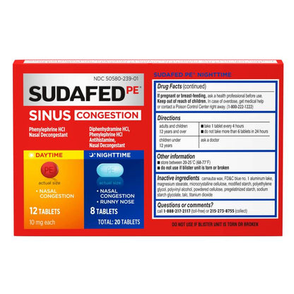 Sudafed PE Sinus Congestion Day + Night Tablets, 20 Count