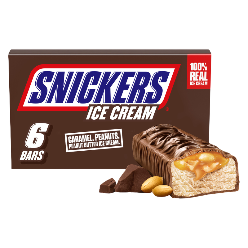 SNICKERS Ice Cream, Chocolatey Caramel Peanut Butter Ice Cream Bars, 6ct