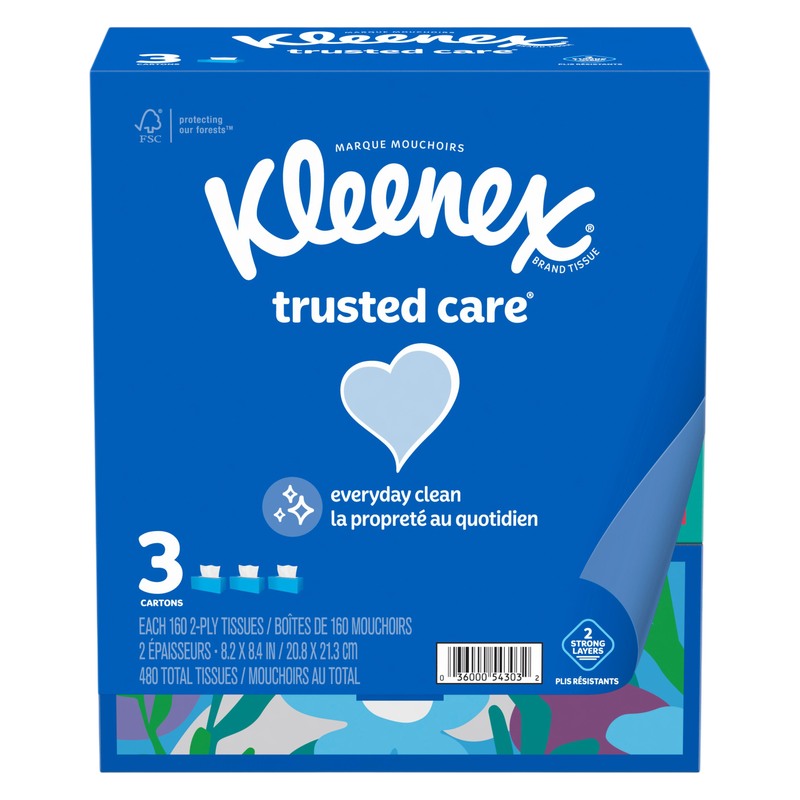 Kleenex Trusted Care Facial Tissues, 3 Flat Boxes, 160 Tissues per Box, 2-Ply (480 Total Tissues)