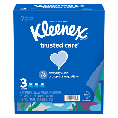 Kleenex Trusted Care Facial Tissues, 3 Flat Boxes, 160 Tissues per Box, 2-Ply (480 Total Tissues)
