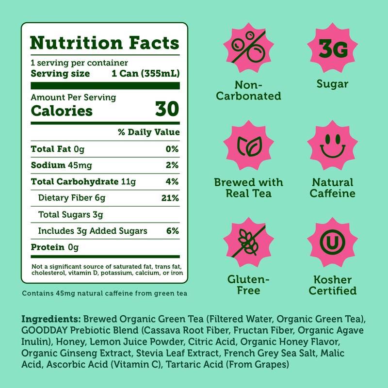 Halfday Prebiotic Green Tea with Honey & Ginseng 12oz Can
