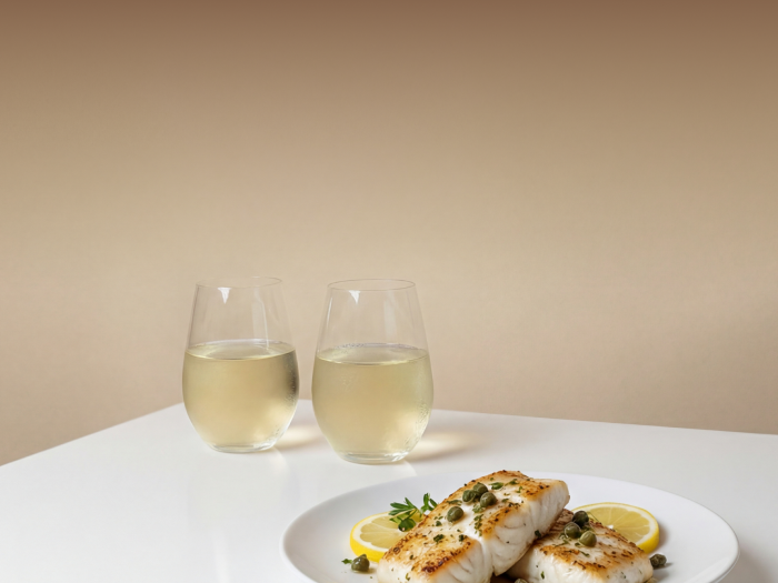 white fish dinner with lemon and capers and two glasses of white wine