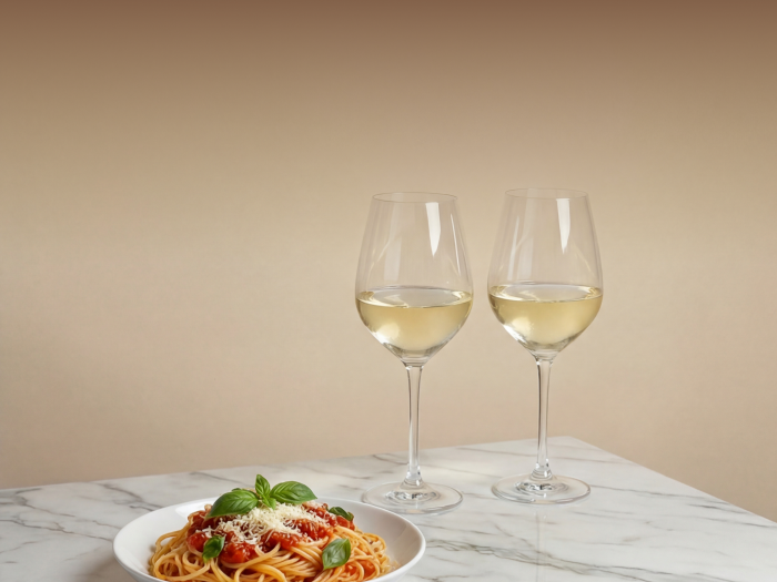 Pasta with red sauce and two glasses of white wine