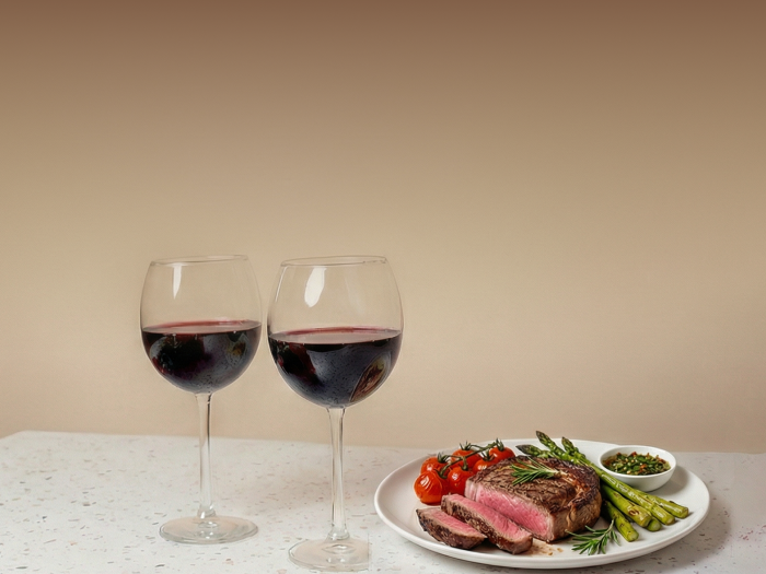 steak dinner with tomatoes and asparagus and two glasses of red wine