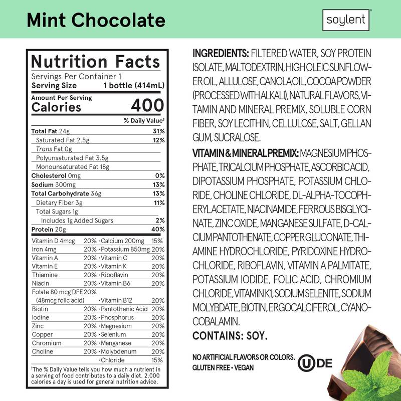 Soylent Complete Nutrition Protein Meal Replacement Shake, Mint Chocolate, 14 oz