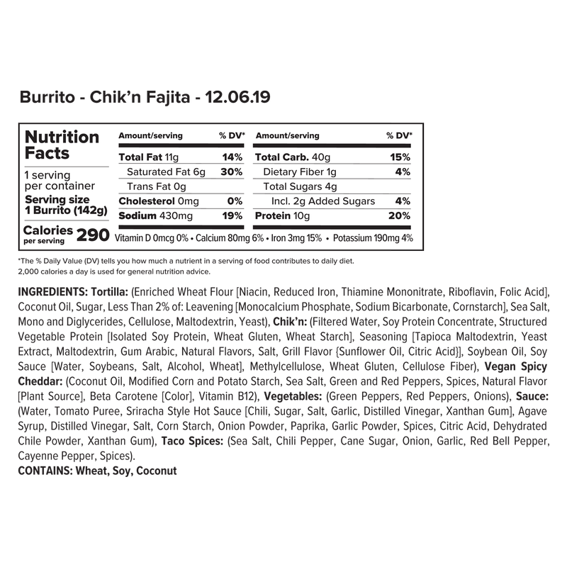 Alpha Foods Frozen Plant Based Chik'N Fajita Burrito 1ct 5oz