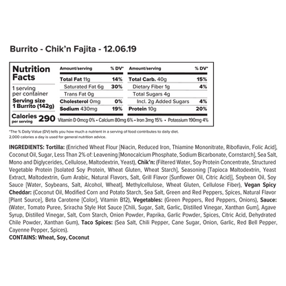 Alpha Foods Frozen Plant Based Chik'N Fajita Burrito 1ct 5oz