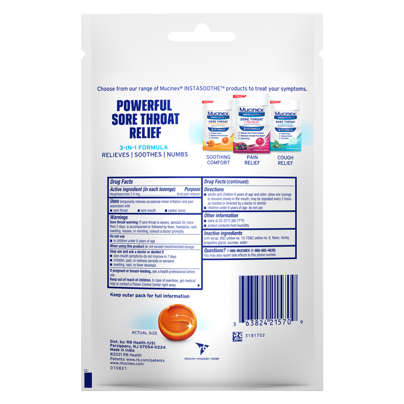 Mucinex InstaSoothe Sore Throat + Soothing Comfort Honey & Echinacea Medicated Drops 20ct