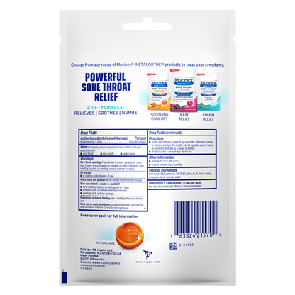 Mucinex InstaSoothe Sore Throat + Soothing Comfort Honey & Echinacea Medicated Drops 20ct