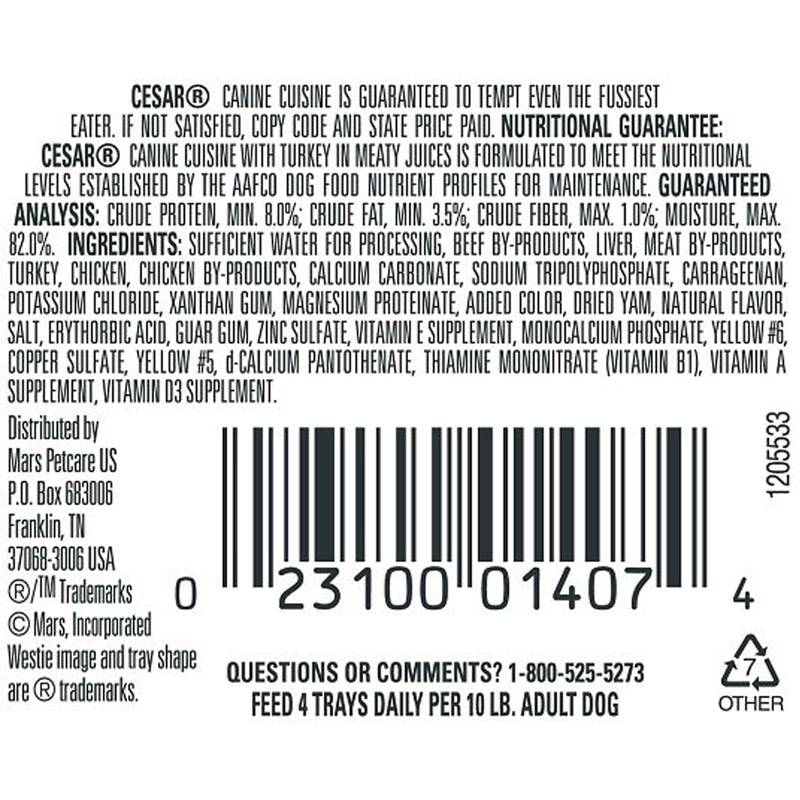 6 Ct Cesar Cuisine Turkey Wet Dog Food 3.5oz