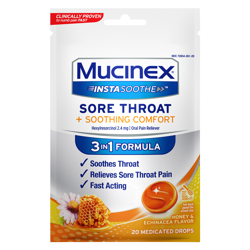 Mucinex InstaSoothe Sore Throat + Soothing Comfort Honey & Echinacea Medicated Drops 20ct