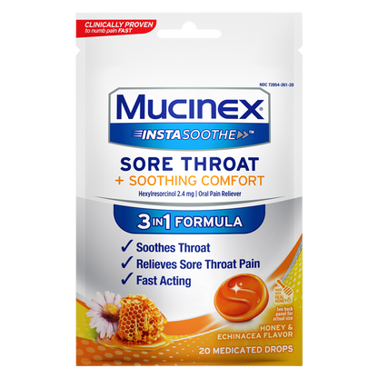 Mucinex InstaSoothe Sore Throat + Soothing Comfort Honey & Echinacea Medicated Drops 20ct