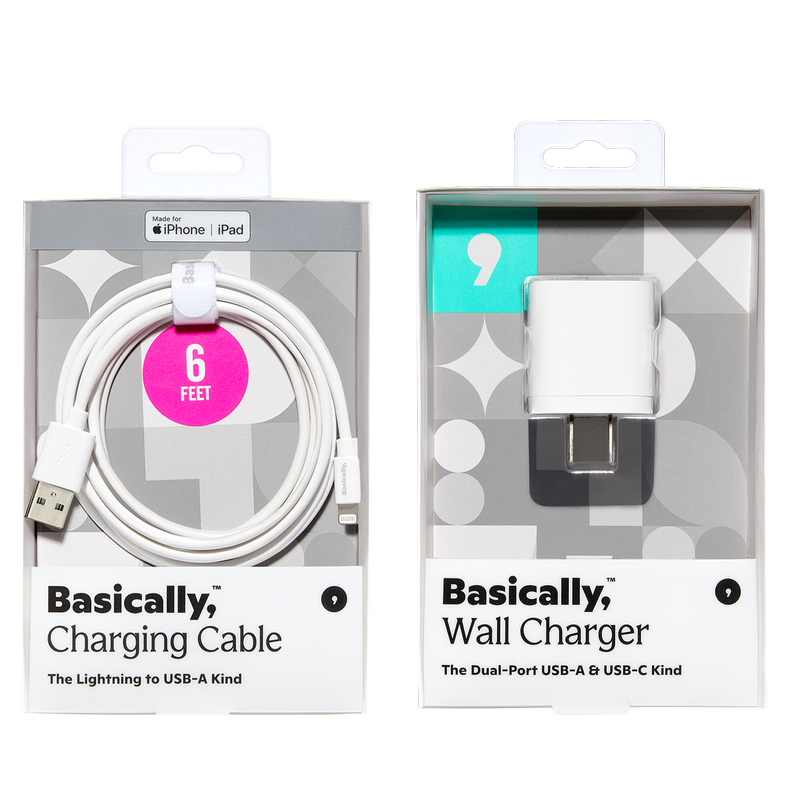 Basically, Charging Bundle Lightning to USB-A Cable with Dual-Port USB and USB-C Wall Charger