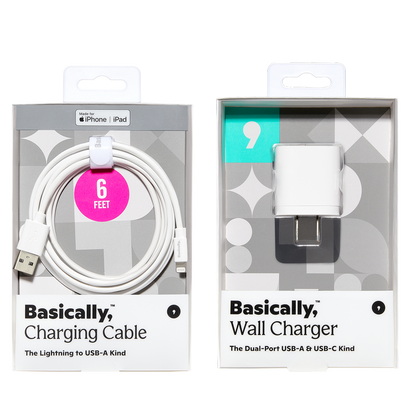 Basically, Charging Bundle Lightning to USB-A Cable with Dual-Port USB and USB-C Wall Charger